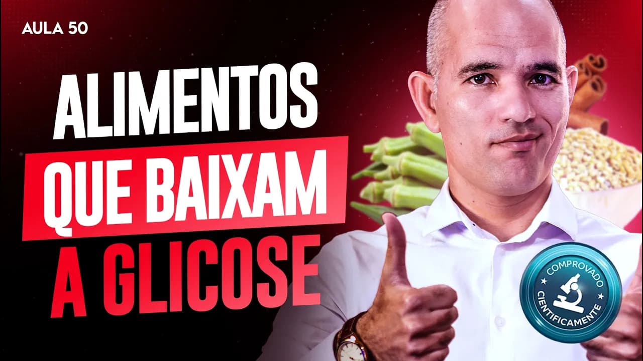 Design Gráfico mostrando o Dr Turí Souza fazendo um "Jóia" ou "beleza" para a câmera com o texto "Alimentos para baixar a Glicose"